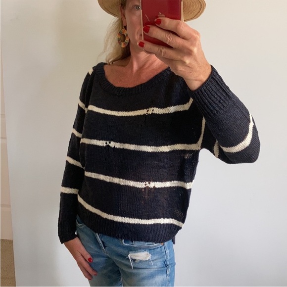 Navy & White Stripe Distressed Sweater - Picture 3 of 8